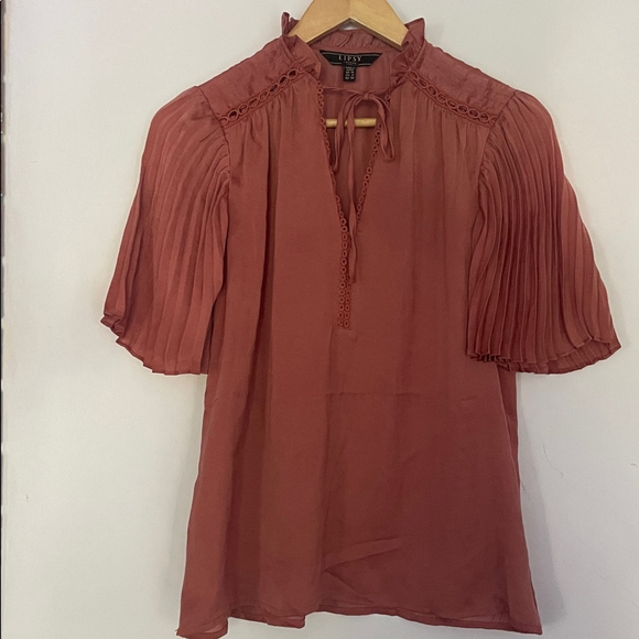 Lipsy london Mauve Blouse with Lace Accents pleated sleeves 6 - Picture 1 of 7